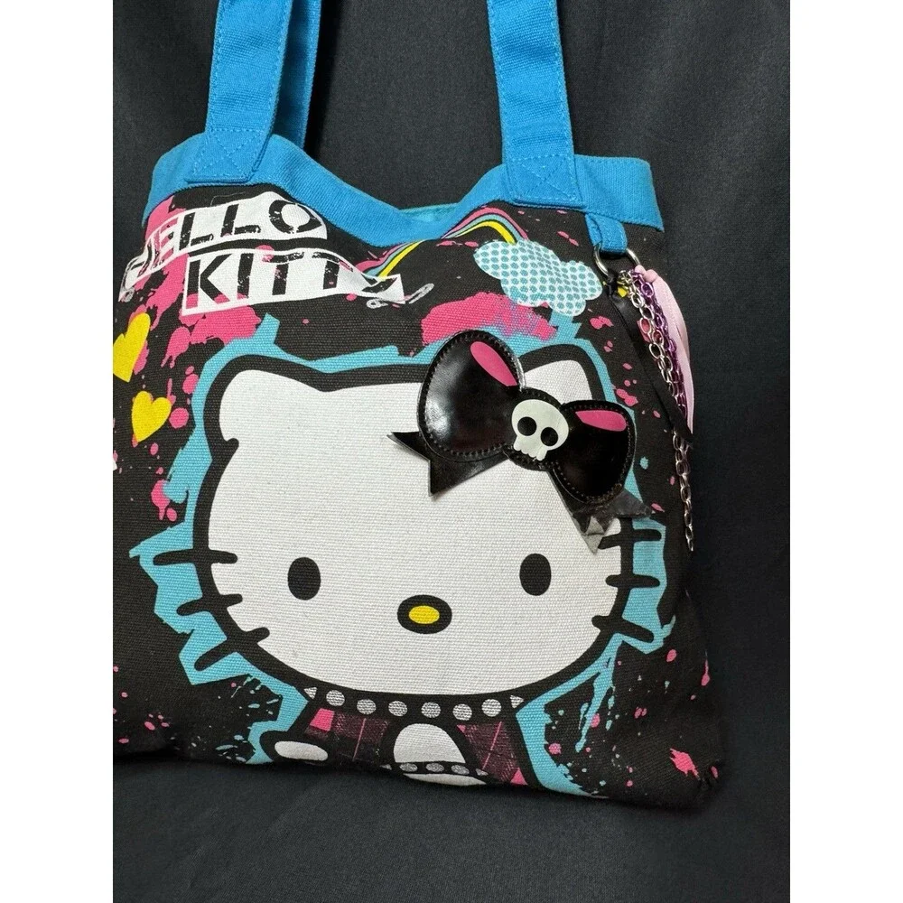 2013 Sanrio Hello Kitty Punk Rock Tote Bag Kawaii Goth Skull Bow Splatter Print
